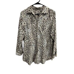 Chico's Leopard Print Long Sleeve Button Up Shirt Beige Black Sz L Animal Print